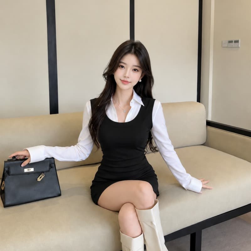 실사 이른 가을 새로운 긴팔 몸매 가꾸기 슬림해 보이는 페이크 레이어드 디자인 센스 셔츠 이미지 5