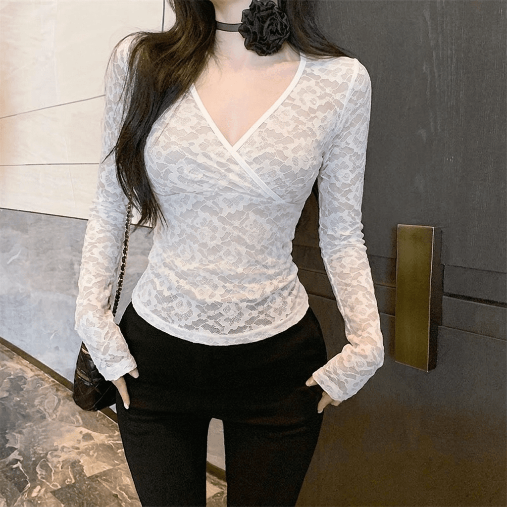 실사 레트로 순수한 욕망 핫걸 섹시함 십자가 V넥 레이스 신축성 몸매 가꾸기 긴팔 슬림해 보이는 맨위 여성 이미지 4