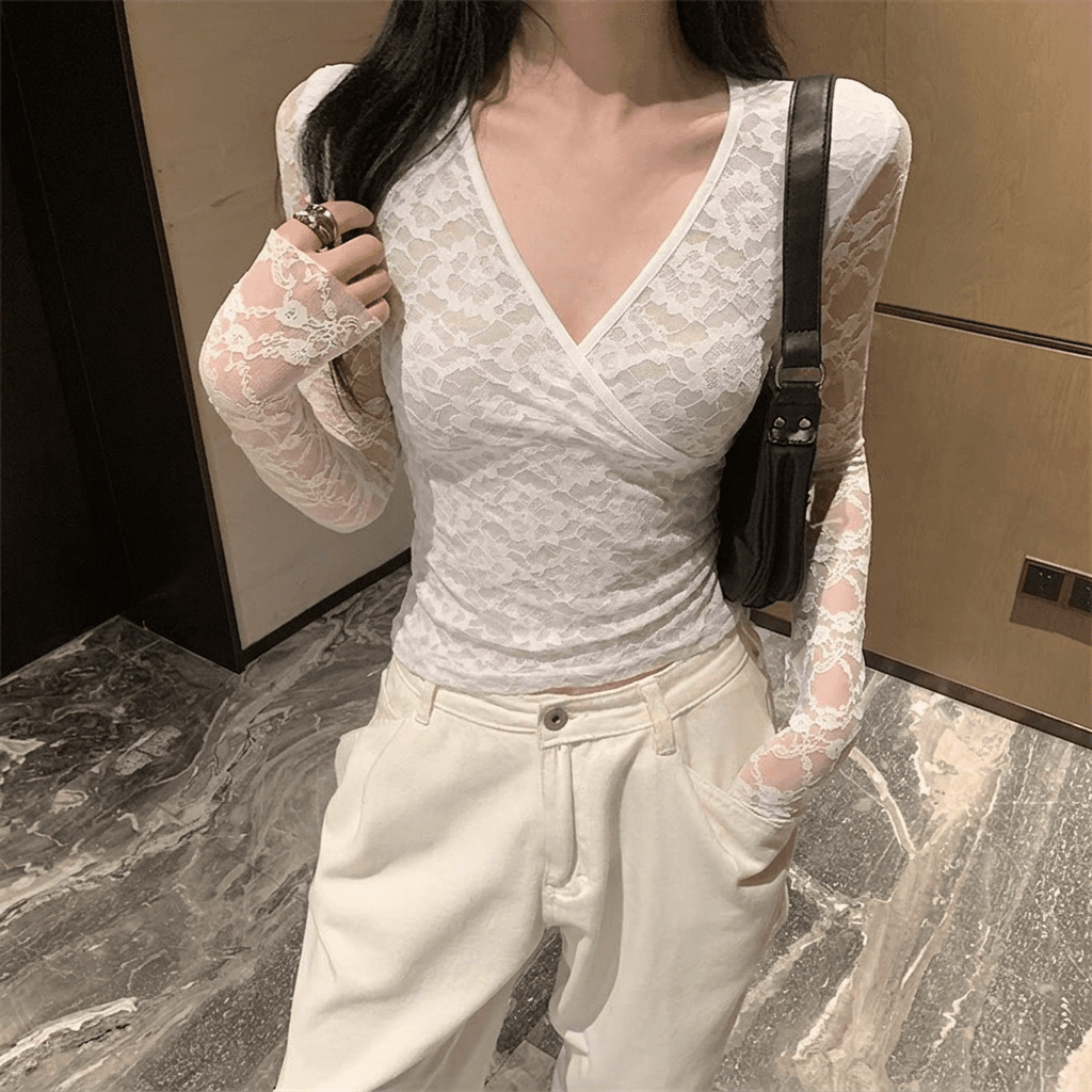 실사 레트로 순수한 욕망 핫걸 섹시함 십자가 V넥 레이스 신축성 몸매 가꾸기 긴팔 슬림해 보이는 맨위 여성 상세 이미지 9
