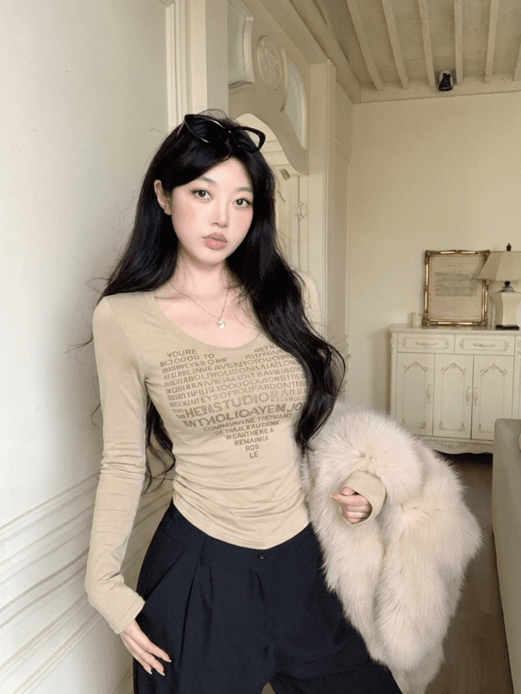실사 하트 핫픽스 u 칼라 화이트 긴팔 티셔츠 여성 여름 몸매 가꾸기 타이트 허리 수축 작은 맨위 이미지 3