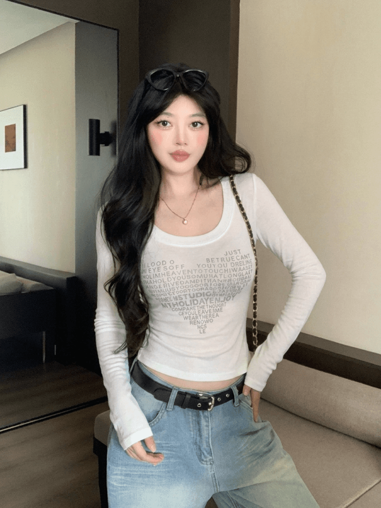 실사 하트 핫픽스 u 칼라 화이트 긴팔 티셔츠 여성 여름 몸매 가꾸기 타이트 허리 수축 작은 맨위 이미지 2