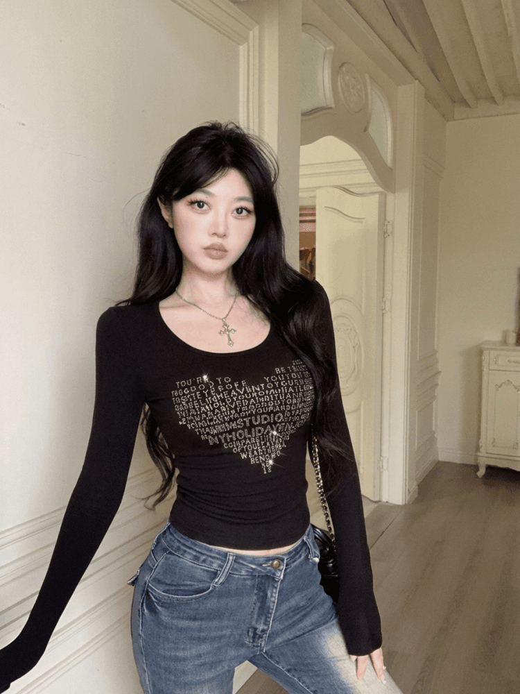 실사 하트 핫픽스 u 칼라 화이트 긴팔 티셔츠 여성 여름 몸매 가꾸기 타이트 허리 수축 작은 맨위 상세 이미지 1