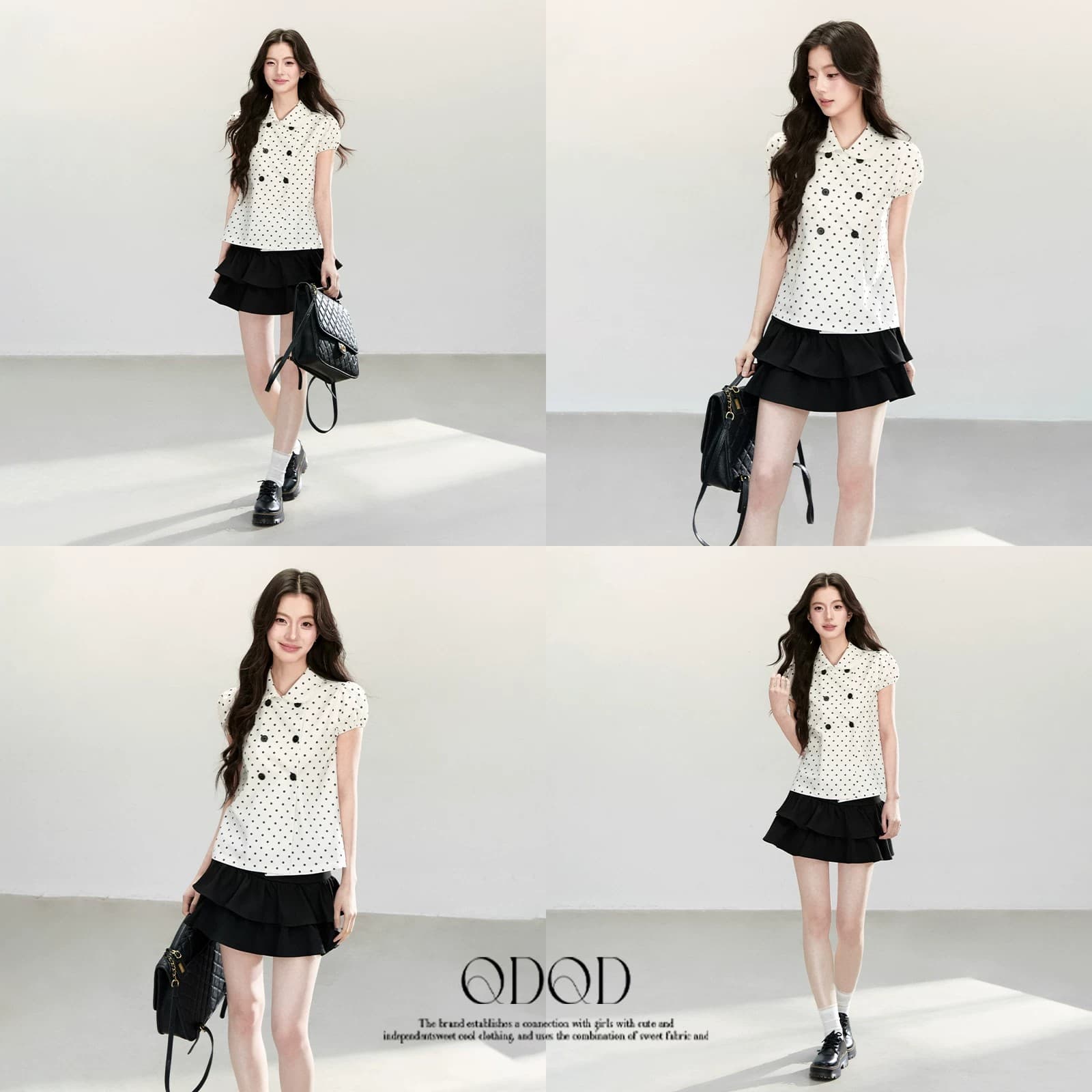 qdqd 작은 샤넬 스타일 도트 무늬 반팔 셔츠 여름 새로운 달콤함 베이비 칼라 이중 버튼 화이트 셔츠 이미지 3