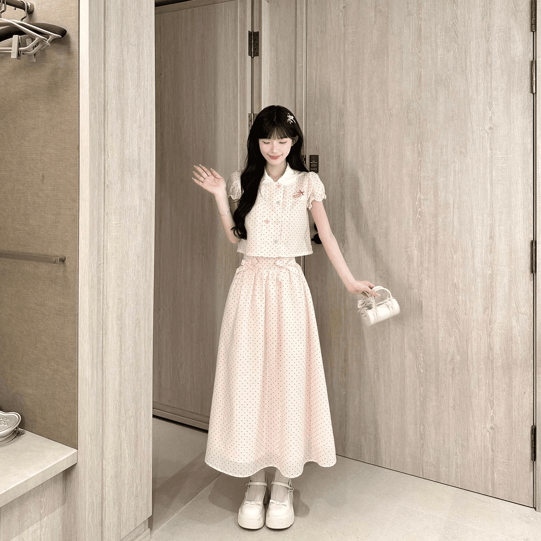 캄파넬라 세과 house 크림 도트 무늬 달콤함 천 금빛 바람 도트 무늬 셔츠 맨위 나비 매듭 반 스커트 세트 이미지 4