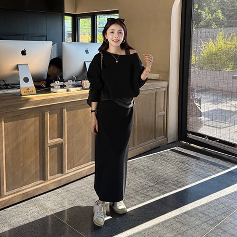 흔들어서 톤 폭발 2025 가을 새로운 페이크 레이어드 오프숄더 맨위 플러스 반 스커트 투피스 세트 세트 상세 이미지 6