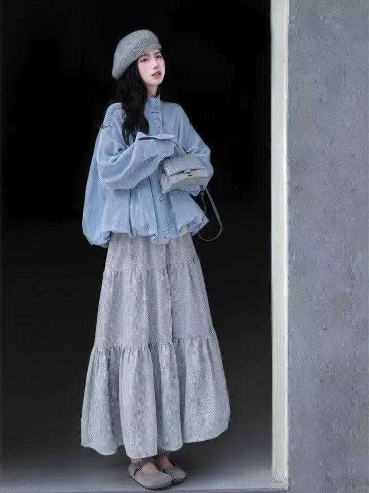 2025 가을 새로운 올해 인기 착용 가져 가라. 한 부서 디자인 센스 꽃밭 밑단 재킷 반신 스커트 두 조각 여성 세트 이미지 4