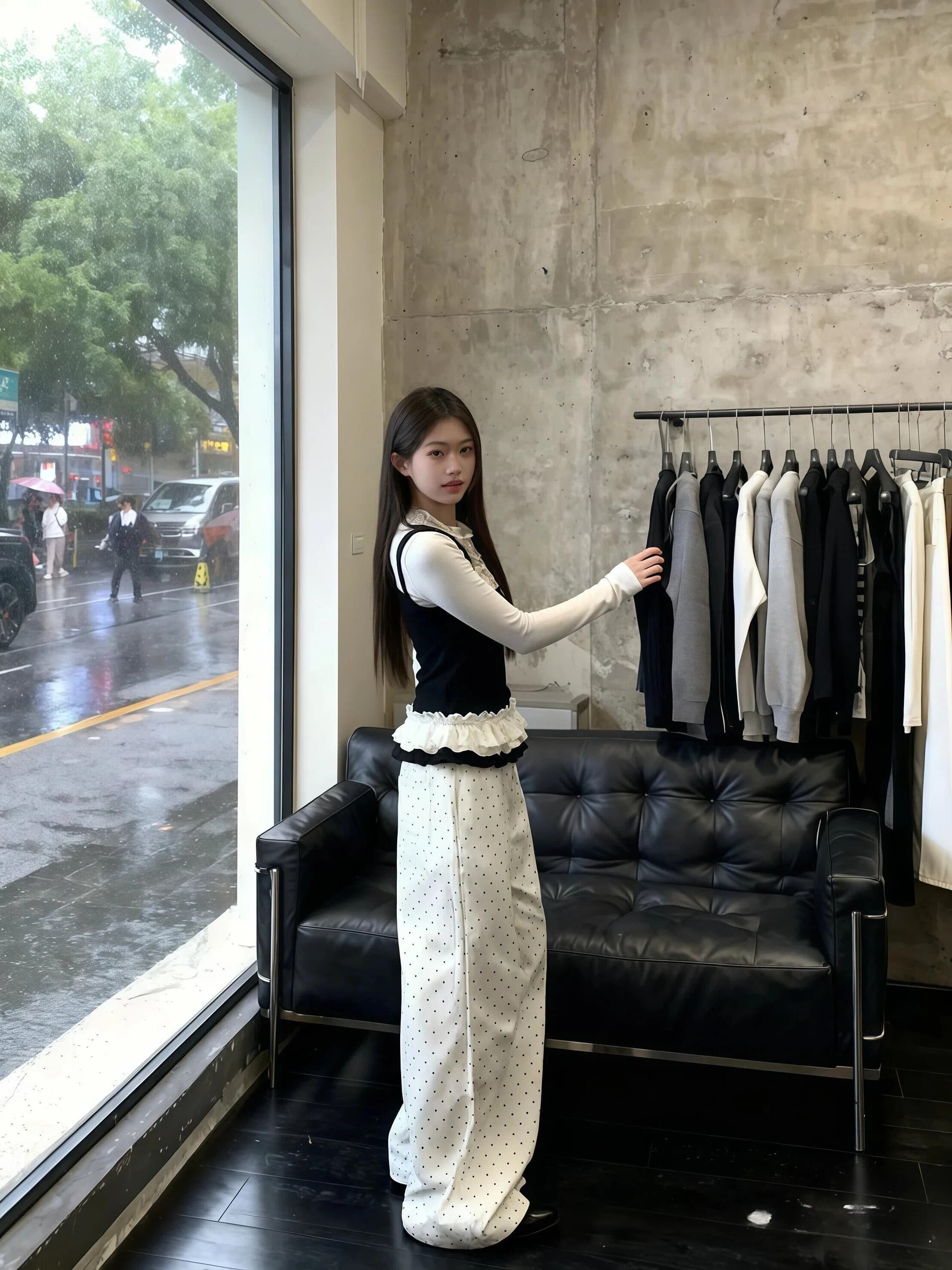 검정색 페이크 레이어드 프릴 패치워크 레이스 봄 디자인 센스 몸매 가꾸기 긴팔 맨위 플러스 와이드 레그 팬츠 투피스 세트 상세 이미지 3