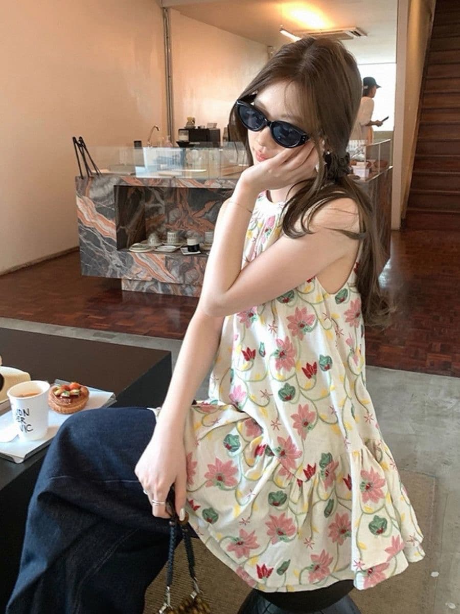 im ~까지 안개 남자 산 사쿠라 무거운 작업 자수 행침 목 슬립 여성 불규칙 프릴 루즈핏 한 마디 민소매 맨위 이미지 2