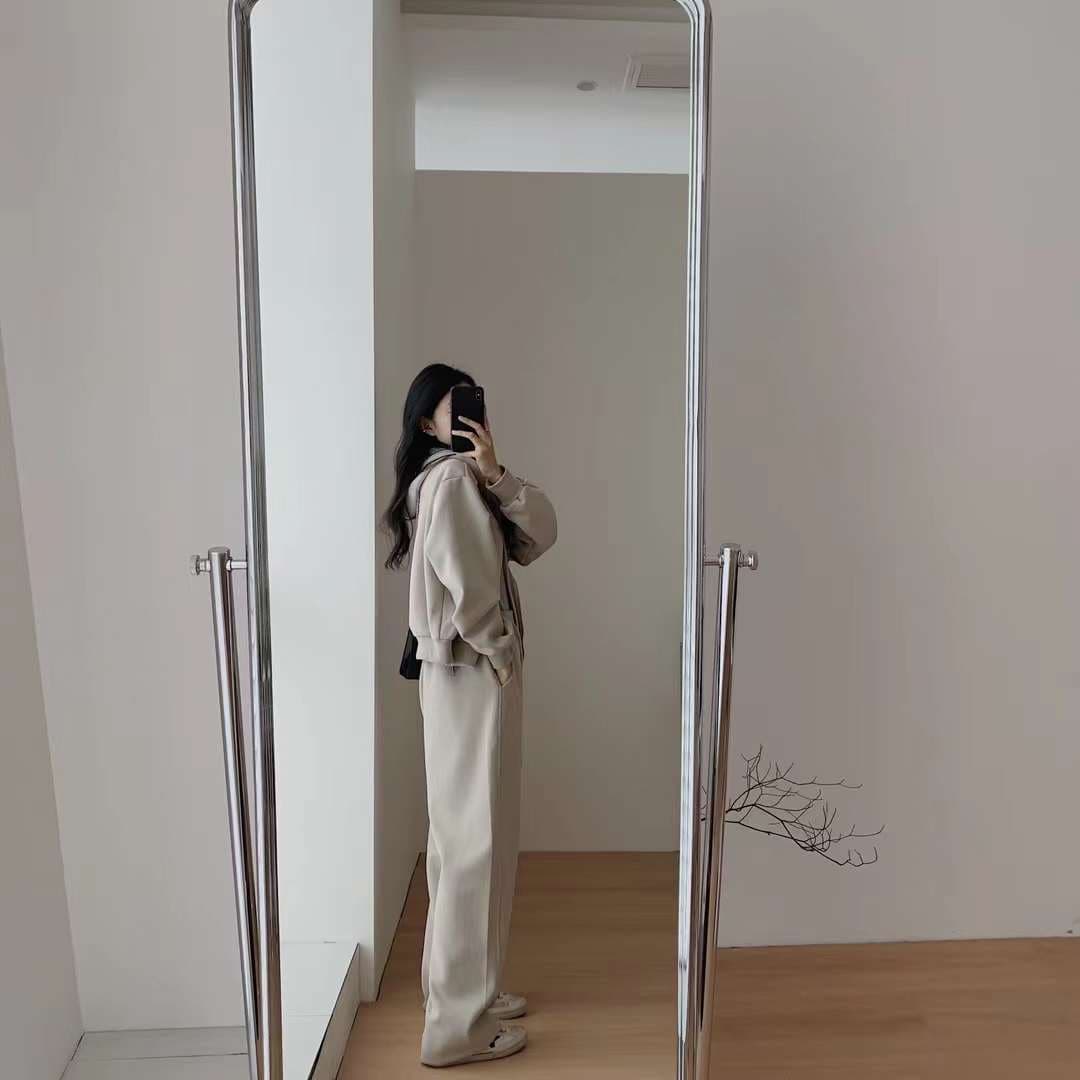 2026 봄 새로운 쇼트 스타일 루즈핏 후드 캐주얼 다용도 순면 후드티 재킷 플러스 스트레이트 와이드 레그 팬츠 세트 이미지 6
