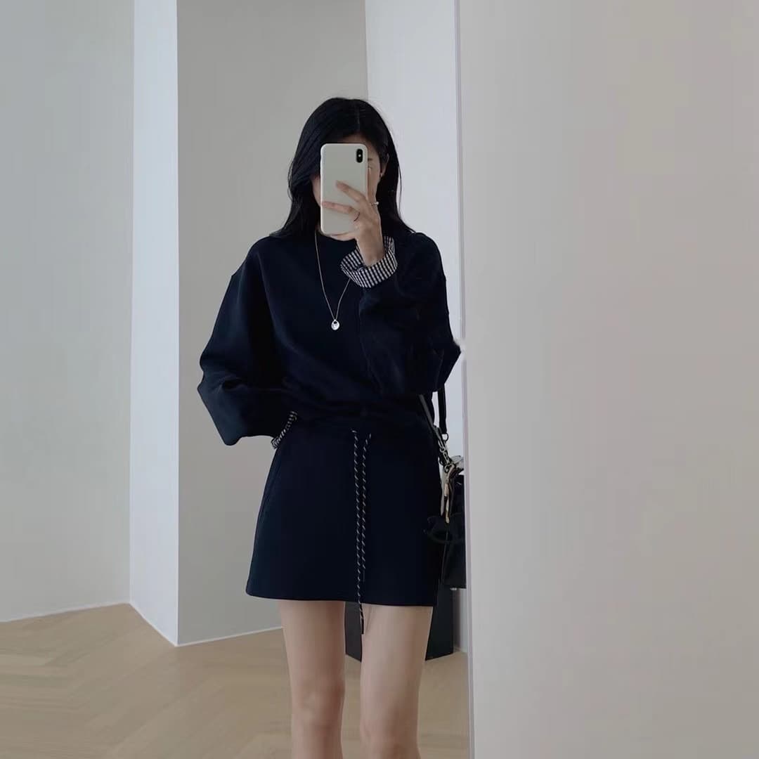 2026 이른 봄 새로운 운동 패치워크 긴팔 순면 패션 맨위 재킷 플러스 반신 슬림해 보이는 미니 스커트 투피스 세트 상세 이미지 2
