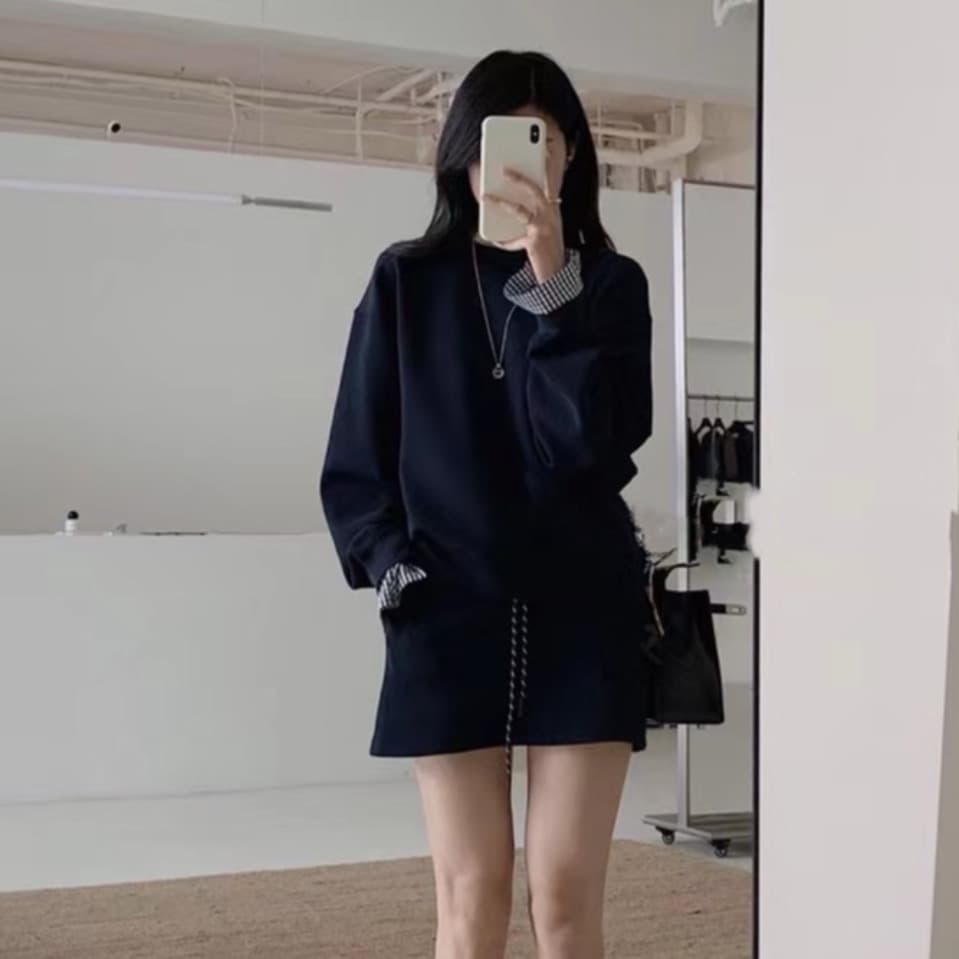 봄 패션 레트로 체크무늬 패치워크 디자인 센스 후드티 이른 봄 투피스 슈트 하이웨이스트 한 마디 반신 스커트 이미지 4