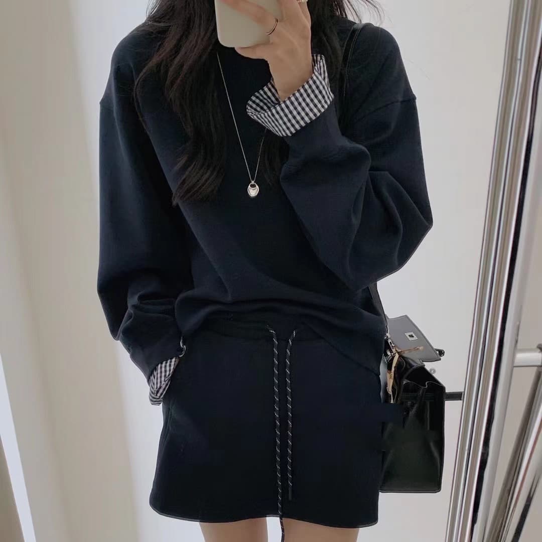 봄 패션 레트로 체크무늬 패치워크 디자인 센스 후드티 이른 봄 투피스 슈트 하이웨이스트 한 마디 반신 스커트 이미지 2
