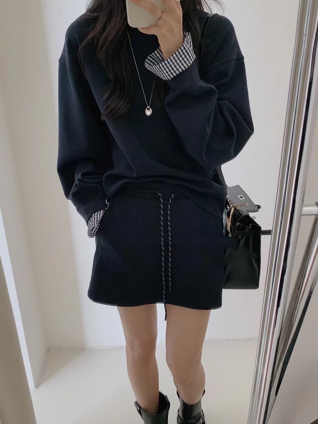 봄 패션 레트로 체크무늬 패치워크 디자인 센스 후드티 이른 봄 투피스 슈트 하이웨이스트 한 마디 반신 스커트 상세 이미지 7