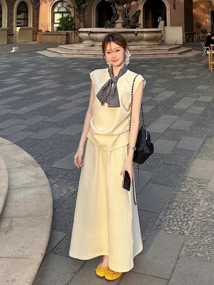 여름 여성 의류 연령 감소 도파민 ootd 착용 가져 가라. 전체 집합 민소매 맨위 하이웨이스트 반신 스커트 투피스 슈트 여성 상세 이미지 5