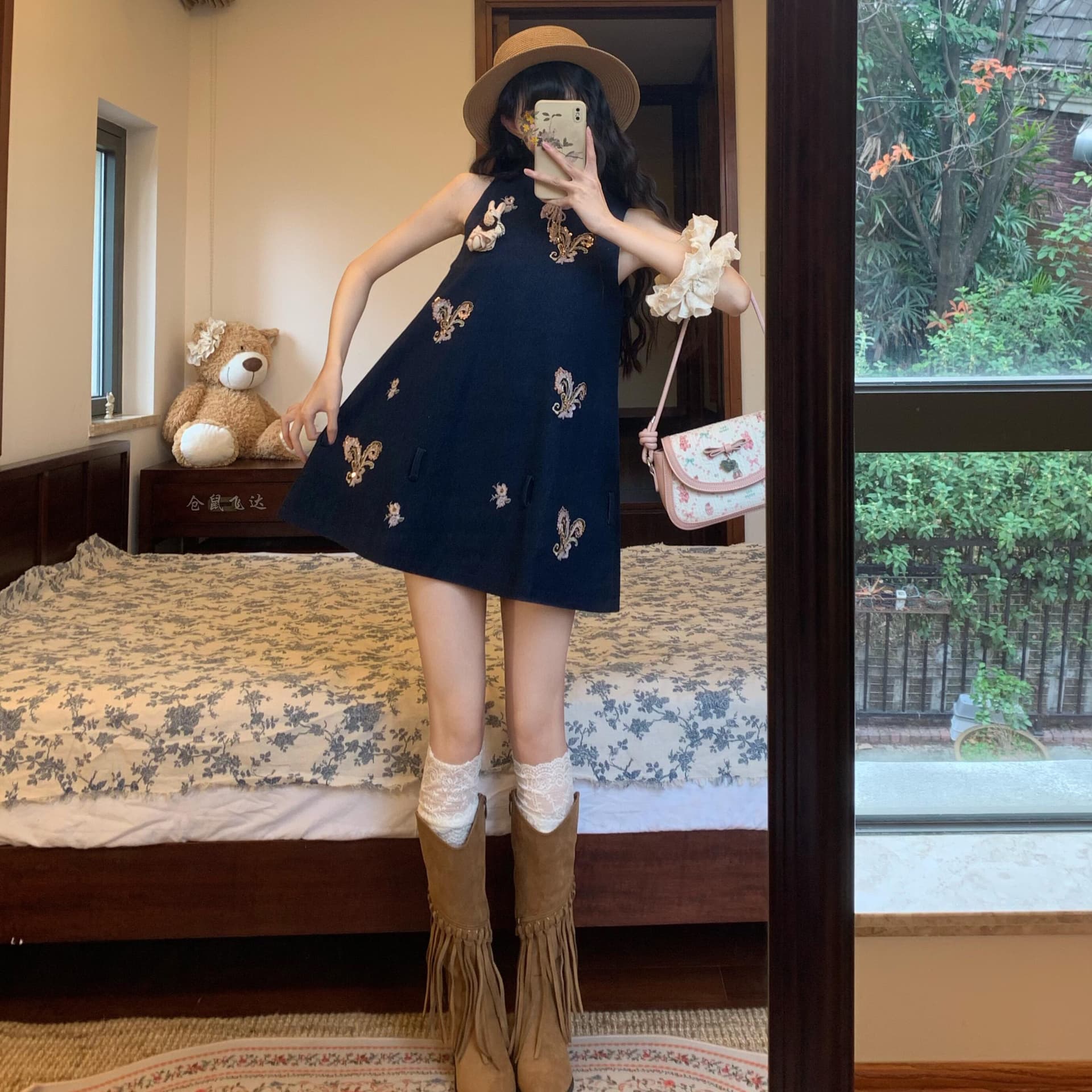Du 엉덩이 복숭아 pitao 오리지널 휴일 마드리드 트렌드 출퇴근 미니멀리즘 자수 데님 맨위 반바지 두 조각 이미지 3