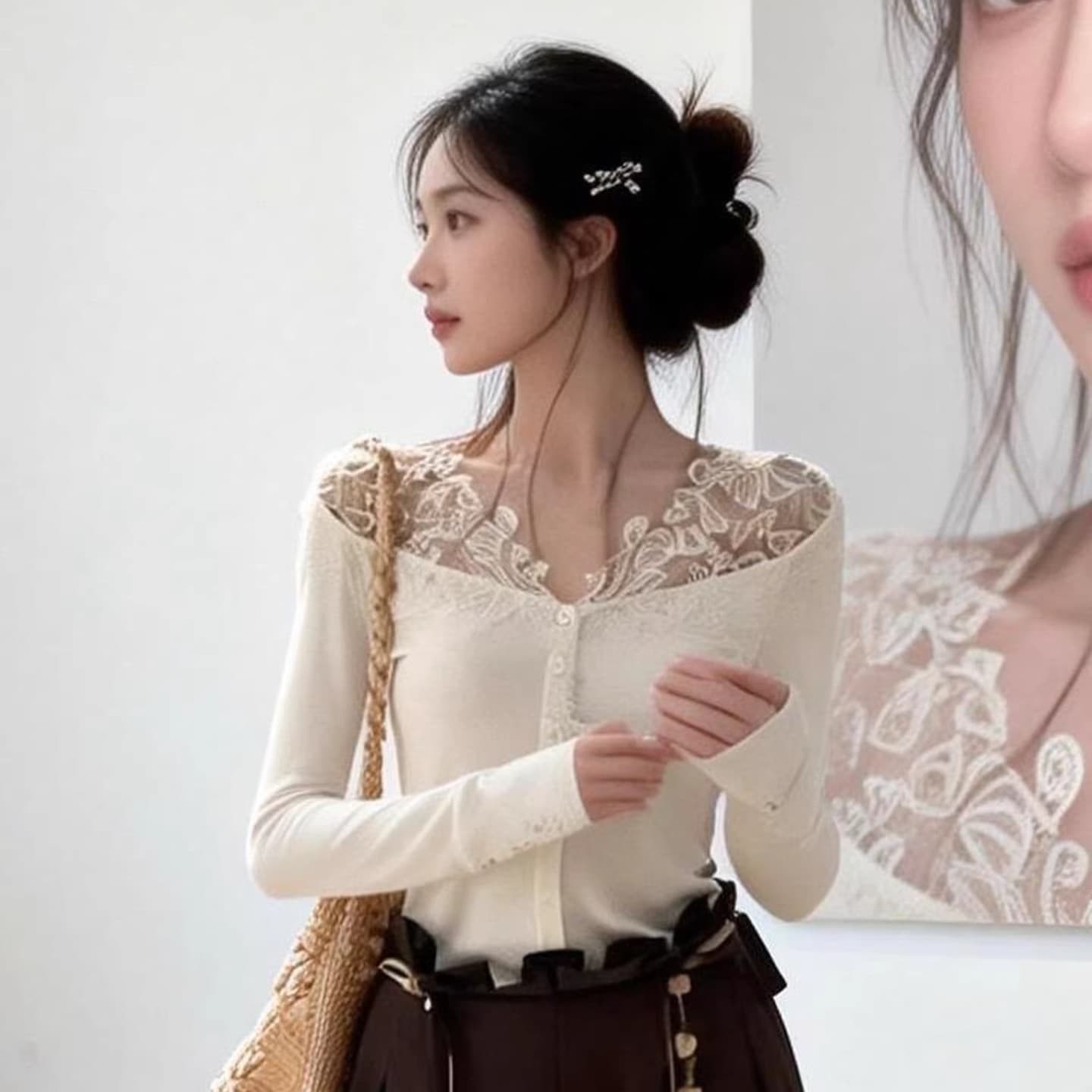 프랑스식 화이트 레이스 조각 니트 기본 셔츠 여성 가을 겨울 빛 럭셔리 고급 센스 인사이드 가져 가라. 품격 아름다운 작은 맨위 이미지 2