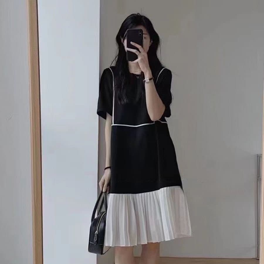 여름 새로운 한 부서 달콤함 작은 청신 슬림해 보이는 디자인 센스 작은 대중 배색 패치워크 반팔 플리츠 드레스 이미지 5