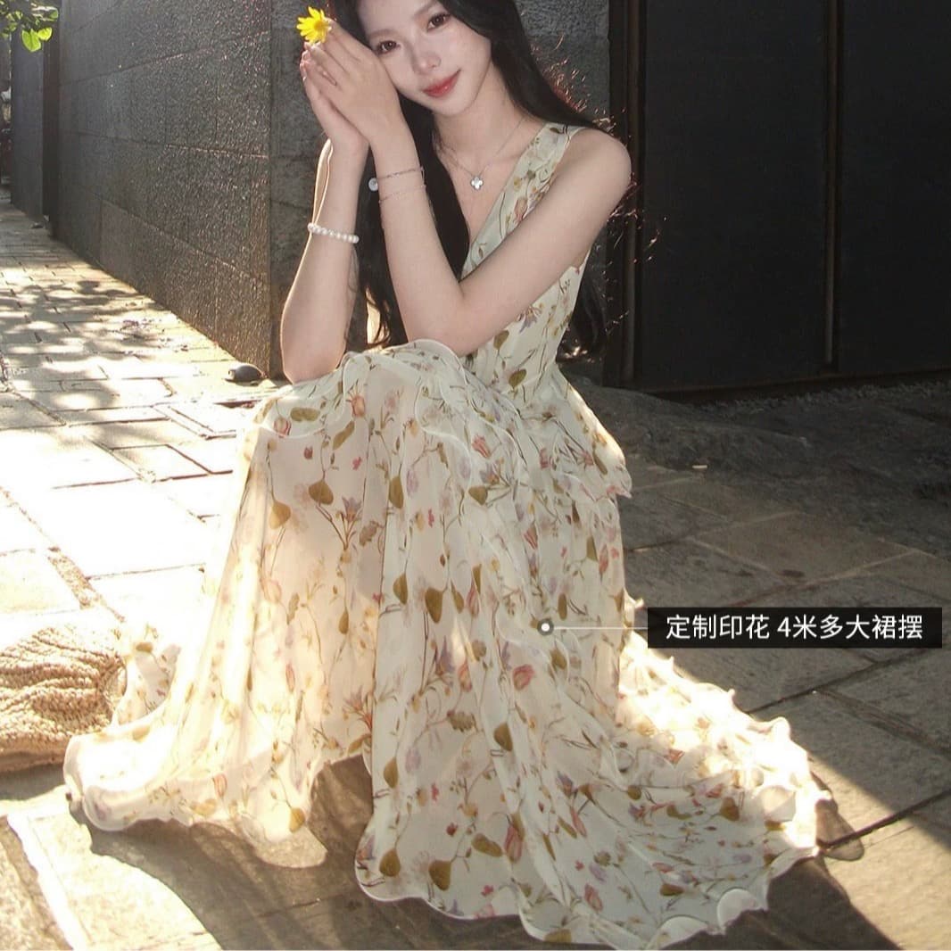 icelolly 휴가 바람 허리 수축 케이크 드레스 V넥 슬립 여성 드레스 봄 여름 특별 아름다운 꼬집기 허리 치마 이미지 3