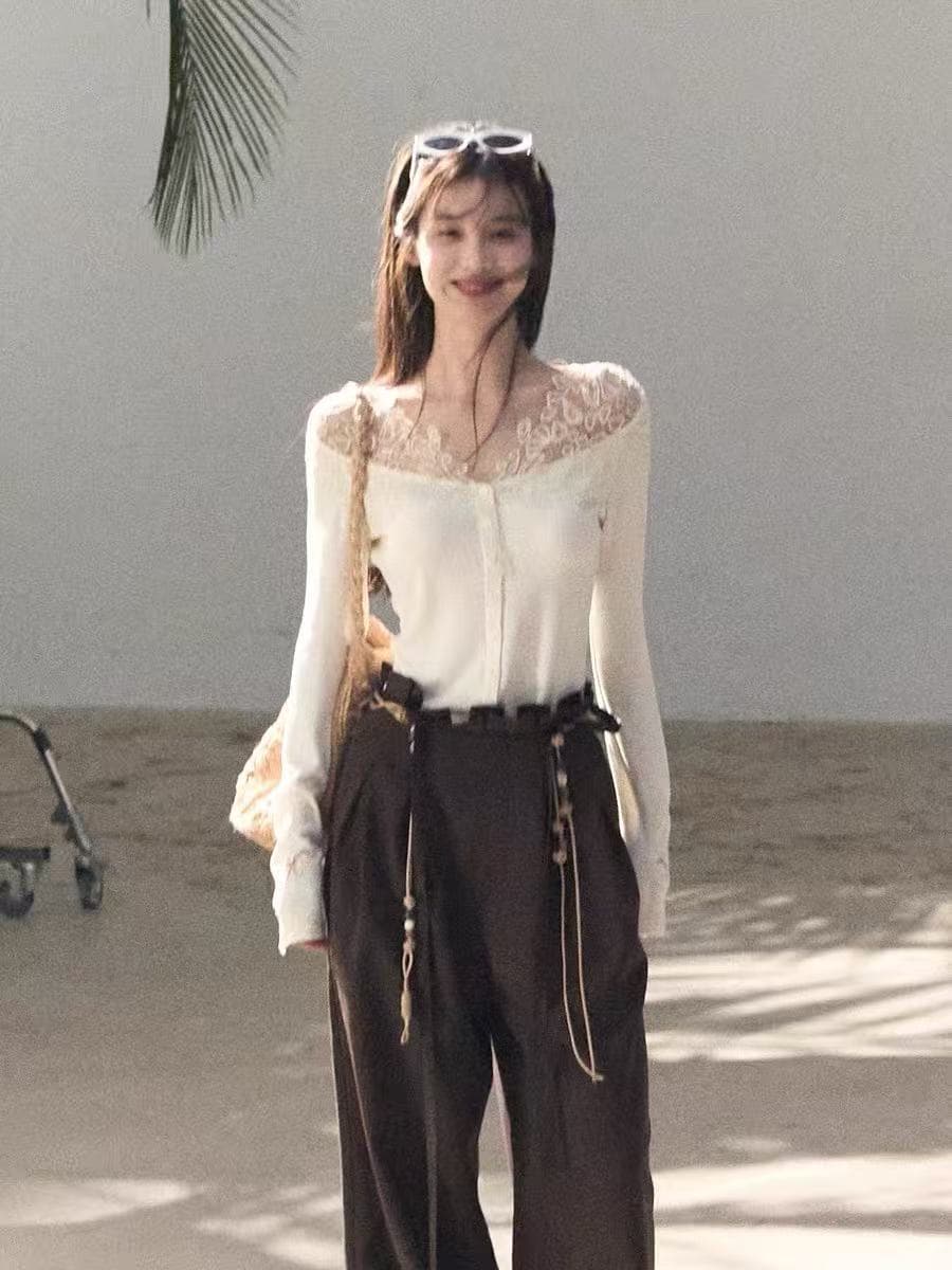 oakmoo 앤 조용한 자라는 중 3 차원 자르기 레이스 레이스 V넥 몸매 가꾸기 니트 오픈 가디건 여성 꼬집기 허리 위로 의류 이미지 4