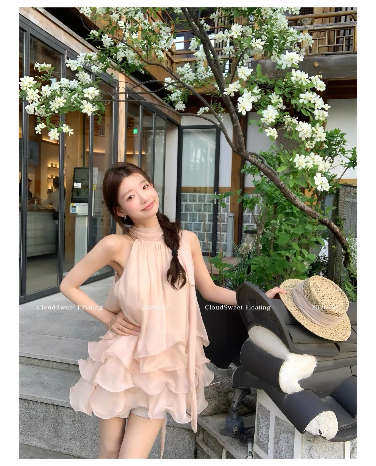 흰 구름 달콤한 릴리 오브 더 밸리 여름 머리말 분위기 센스 핑크색 행침 목 드레스 민소매 쇼트 스타일 케이크 드레스 상세 이미지 7