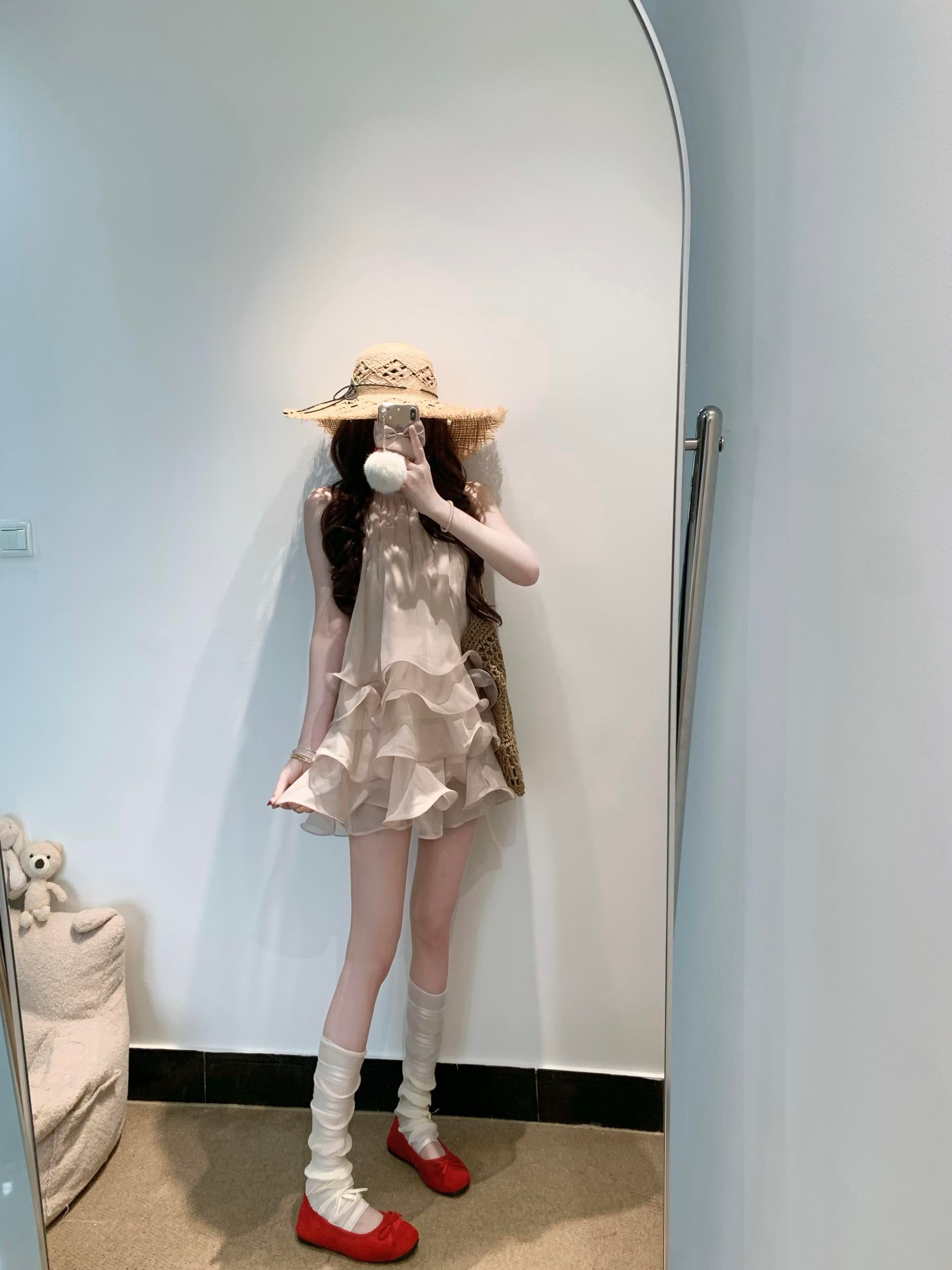 흰 구름 달콤한 릴리 오브 더 밸리 여름 머리말 분위기 센스 핑크색 행침 목 드레스 민소매 쇼트 스타일 케이크 드레스 투피스 세트 상세 이미지 2