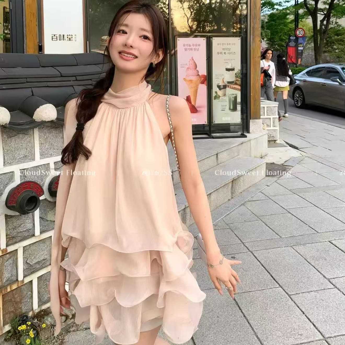 흰 구름 달콤한 릴리 오브 더 밸리 여름 머리말 분위기 센스 핑크색 행침 목 드레스 민소매 쇼트 스타일 케이크 드레스 투피스 세트 이미지 4