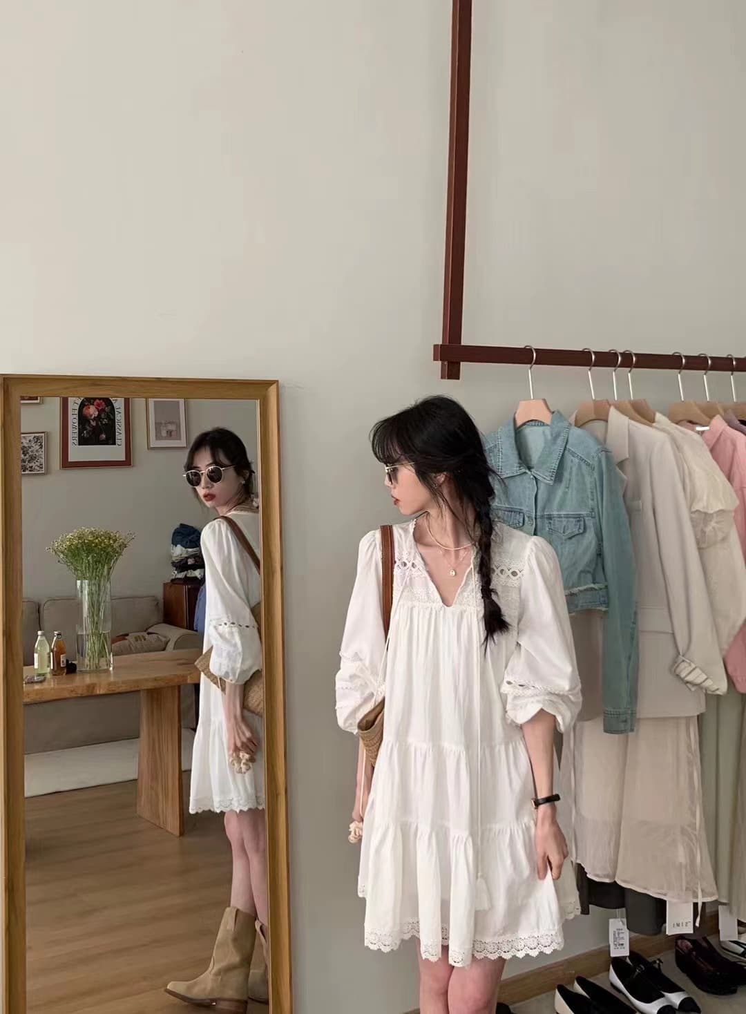 레이스 홀로우 아웃 허리 수축 인형 공주 드레스 긴팔 화이트 드레스 디자인 센스 작은 대중 휴가 요정 치마 상세 이미지 2