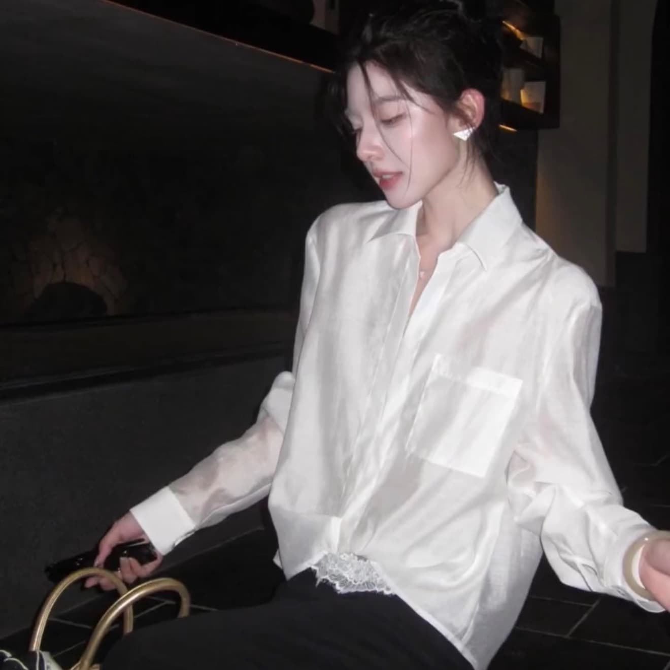 켜기 새로운 가을 새로운 패션 다용도 슬림해 보이는 품격 벨 랭 셔츠 레이스 조각 셔츠 이미지 5