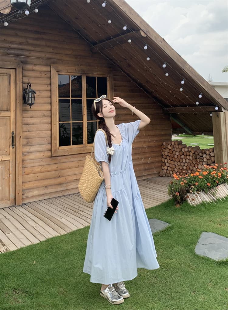 빅 사이즈 여성 의류 면 소재 드레스 여름 디자인 센스 작은 대중 한 부서 연령 감소 허리 수축 슬림해 보이는 Chic 아름다운 롱 스커트 상세 이미지 2