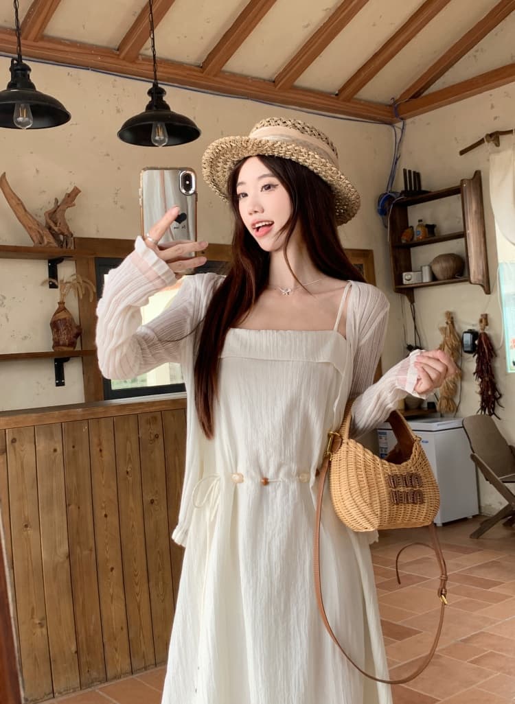 슈퍼 잘 생긴 프랑스식 화이트 튜브탑 플리츠 허리 수축 레이스업 슬립 드레스 2026 여름 한 부서 천 금빛 바람 소금 부서 치마 상세 이미지 7