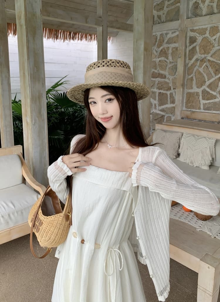 슈퍼 잘 생긴 프랑스식 화이트 튜브탑 플리츠 허리 수축 레이스업 슬립 드레스 2026 여름 한 부서 천 금빛 바람 소금 부서 치마 상세 이미지 16