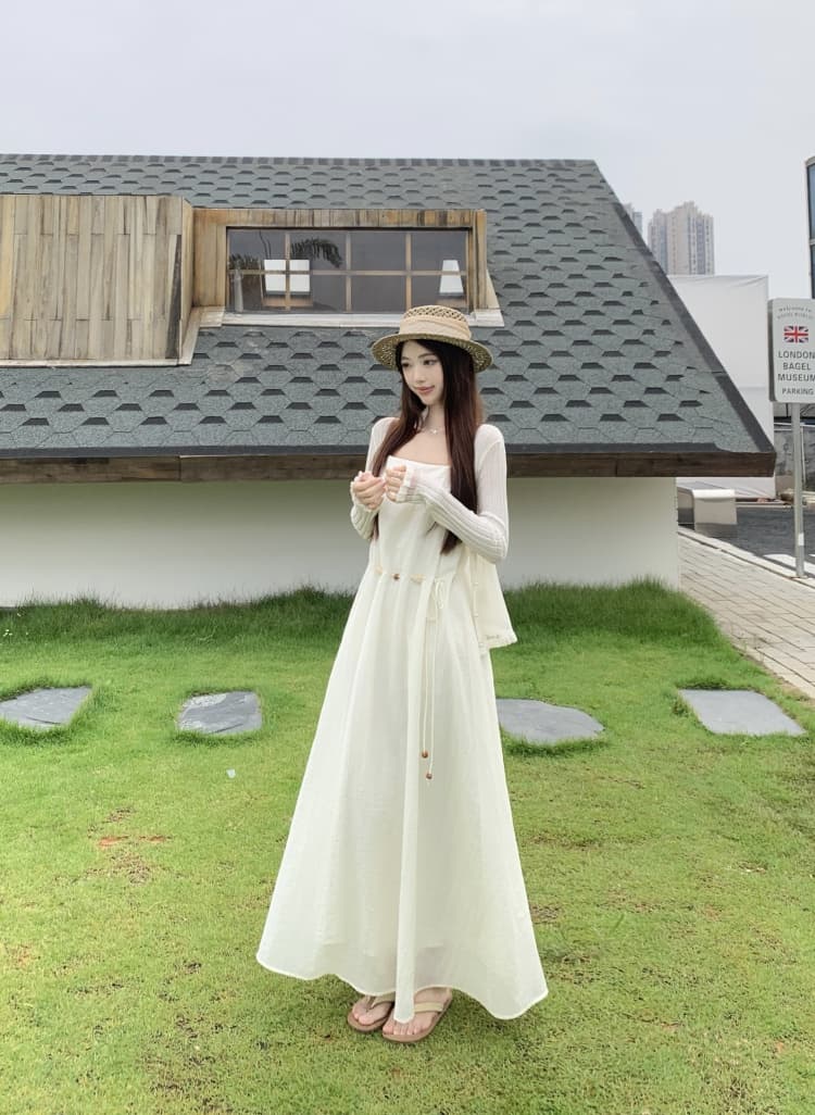 슈퍼 잘 생긴 프랑스식 화이트 튜브탑 플리츠 허리 수축 레이스업 슬립 드레스 2026 여름 한 부서 천 금빛 바람 소금 부서 치마 상세 이미지 18