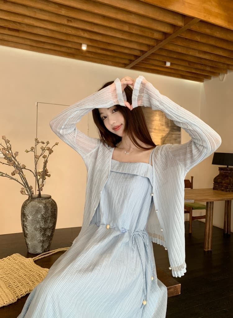 슈퍼 잘 생긴 프랑스식 화이트 튜브탑 플리츠 허리 수축 레이스업 슬립 드레스 2026 여름 한 부서 천 금빛 바람 소금 부서 치마 상세 이미지 30