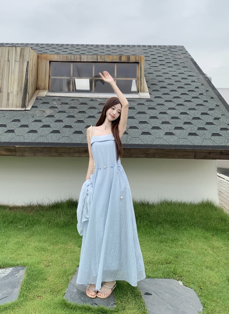 슈퍼 잘 생긴 프랑스식 화이트 튜브탑 플리츠 허리 수축 레이스업 슬립 드레스 2026 여름 한 부서 천 금빛 바람 소금 부서 치마 상세 이미지 32