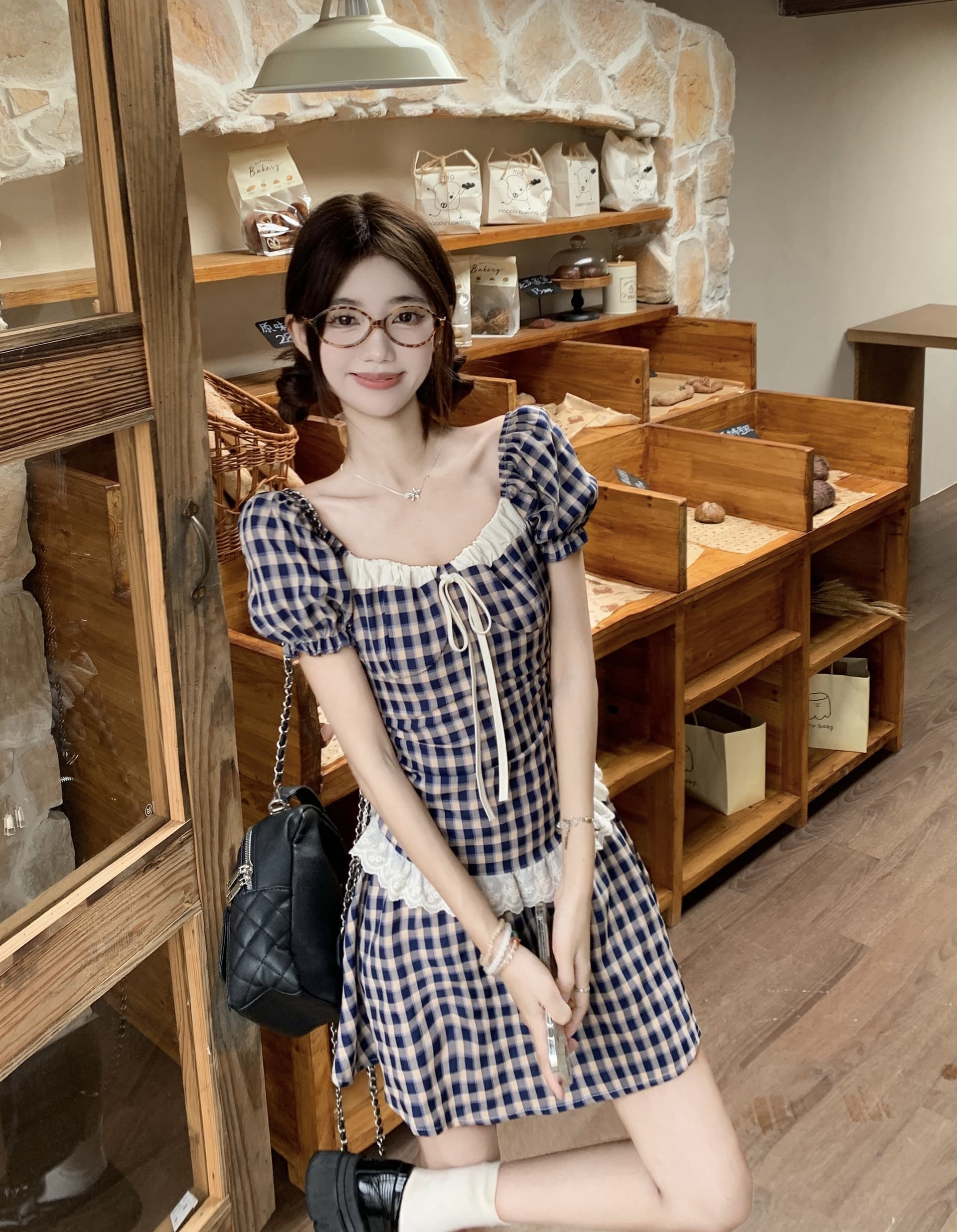 지방 mm 품격 레트로 한 여성 배색 체크무늬 드레스 u 모양 칼라 레이스 조각 한 마디 슬림해 보이는 미니 스커트 이미지 2