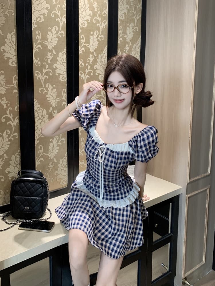 지방 mm 품격 레트로 한 여성 배색 체크무늬 드레스 u 모양 칼라 레이스 조각 한 마디 슬림해 보이는 미니 스커트 상세 이미지 8