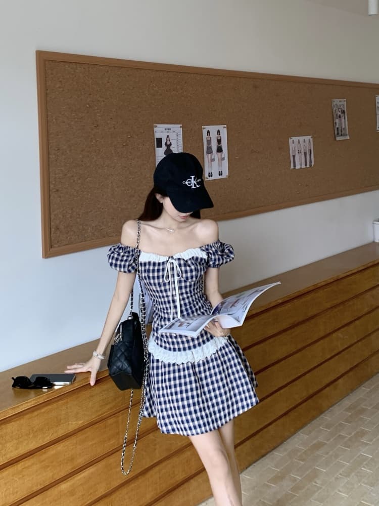 지방 mm 품격 레트로 한 여성 배색 체크무늬 드레스 u 모양 칼라 레이스 조각 한 마디 슬림해 보이는 미니 스커트 상세 이미지 11