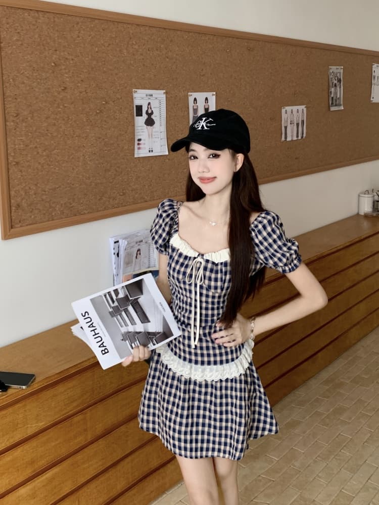 지방 mm 품격 레트로 한 여성 배색 체크무늬 드레스 u 모양 칼라 레이스 조각 한 마디 슬림해 보이는 미니 스커트 상세 이미지 22