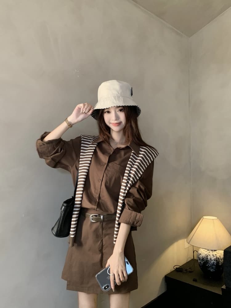 빅 사이즈 2026 가을 POLO 칼라 캐주얼 패션 워크웨어 치마 부서 버클 불규칙 품격 드레스 경기 숄 상세 이미지 17
