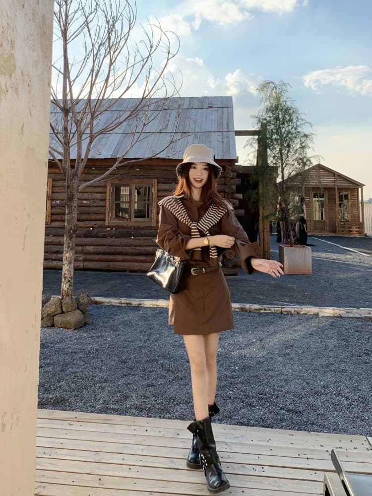 빅 사이즈 2026 가을 POLO 칼라 캐주얼 패션 워크웨어 치마 부서 버클 불규칙 품격 드레스 경기 숄 상세 이미지 22