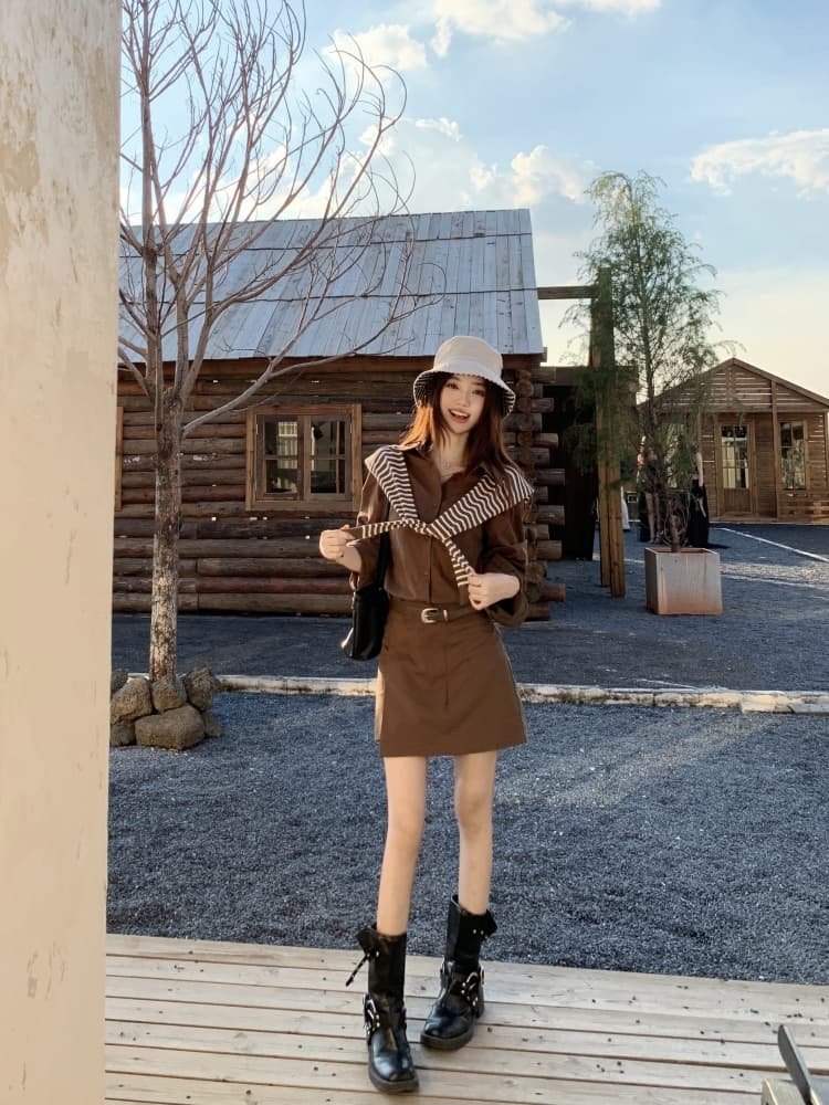 빅 사이즈 2026 가을 POLO 칼라 캐주얼 패션 워크웨어 치마 부서 버클 불규칙 품격 드레스 경기 숄 상세 이미지 23