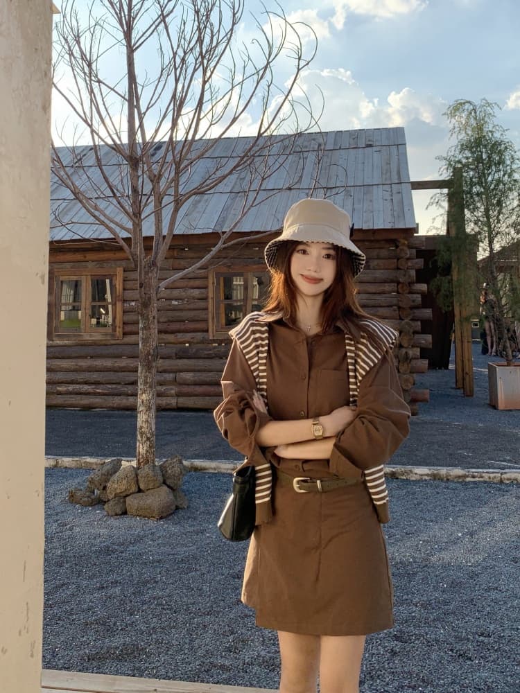 빅 사이즈 2026 가을 POLO 칼라 캐주얼 패션 워크웨어 치마 부서 버클 불규칙 품격 드레스 경기 숄 상세 이미지 26