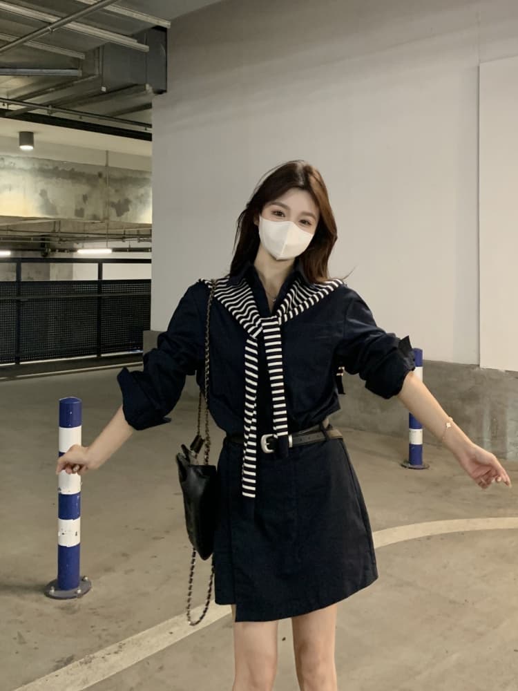 빅 사이즈 2026 가을 POLO 칼라 캐주얼 패션 워크웨어 치마 부서 버클 불규칙 품격 드레스 경기 숄 상세 이미지 14