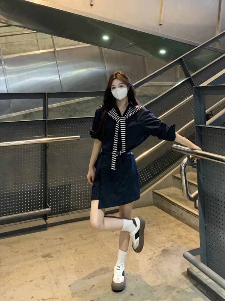 빅 사이즈 2026 가을 POLO 칼라 캐주얼 패션 워크웨어 치마 부서 버클 불규칙 품격 드레스 경기 숄 상세 이미지 29