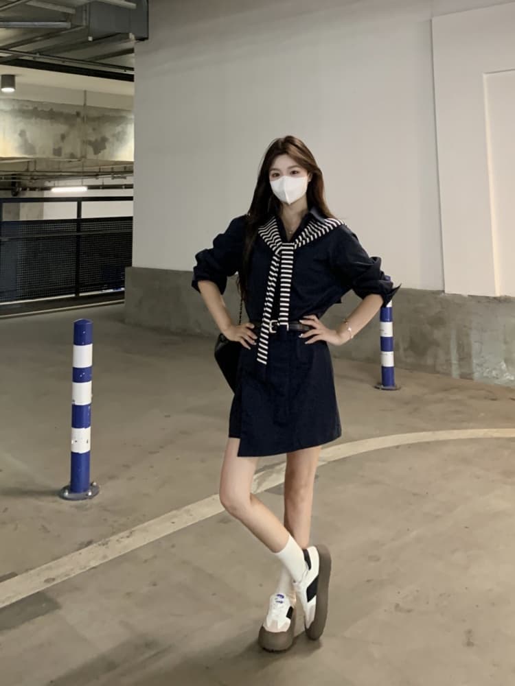 빅 사이즈 2026 가을 POLO 칼라 캐주얼 패션 워크웨어 치마 부서 버클 불규칙 품격 드레스 경기 숄 상세 이미지 32