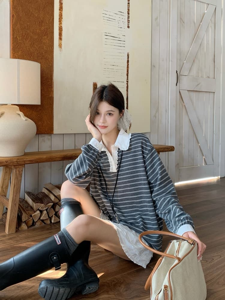 2026 년 가을 겨울 한국 스타일 루즈핏 연령 감소 출퇴근 캐주얼 다용도 폴로 칼라 털 서클 면 스트라이프 후드티 미니 스커트 세트 상세 이미지 5