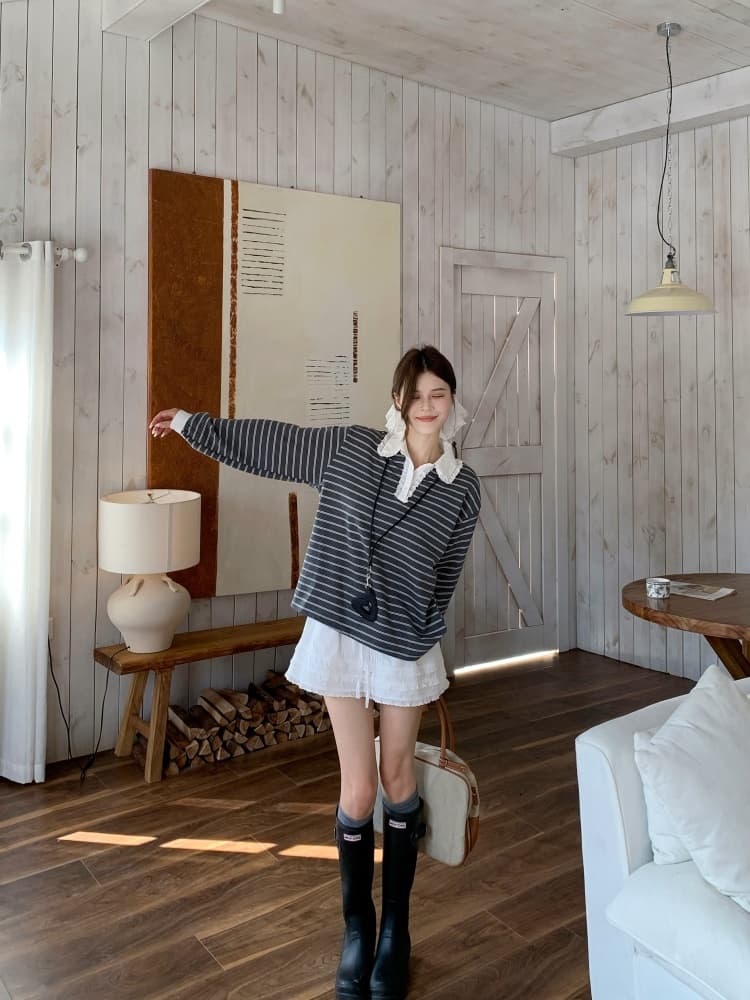2026 년 가을 겨울 한국 스타일 루즈핏 연령 감소 출퇴근 캐주얼 다용도 폴로 칼라 털 서클 면 스트라이프 후드티 미니 스커트 세트 상세 이미지 6