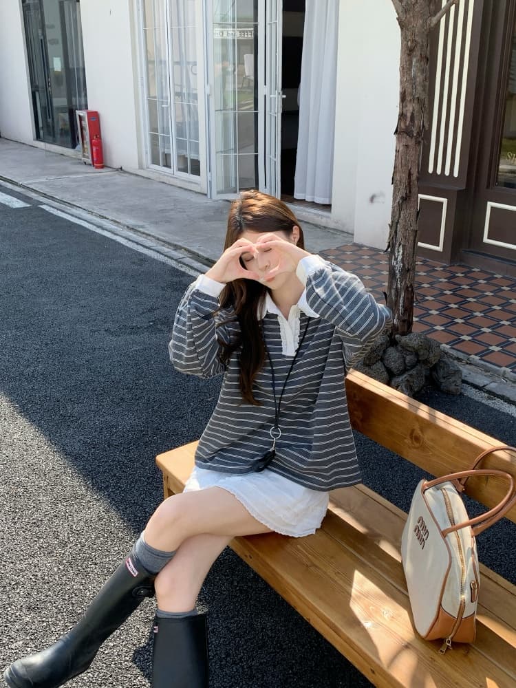 2026 년 가을 겨울 한국 스타일 루즈핏 연령 감소 출퇴근 캐주얼 다용도 폴로 칼라 털 서클 면 스트라이프 후드티 미니 스커트 세트 상세 이미지 11