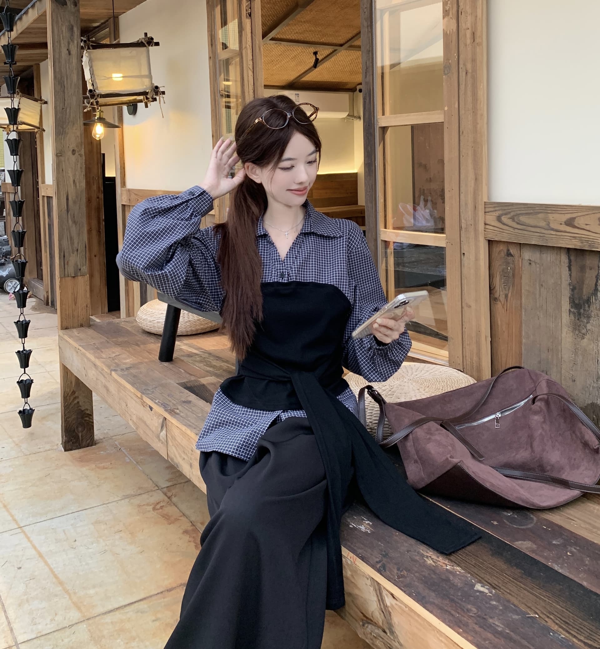 이른 가을 한 부서 패치워크 루즈핏 슬림해 보이는 세트 바지 페이크 레이어드 한국 스타일 패션 다용도 몸매 가꾸기 슬림해 보이는 긴팔 셔츠 이미지 3