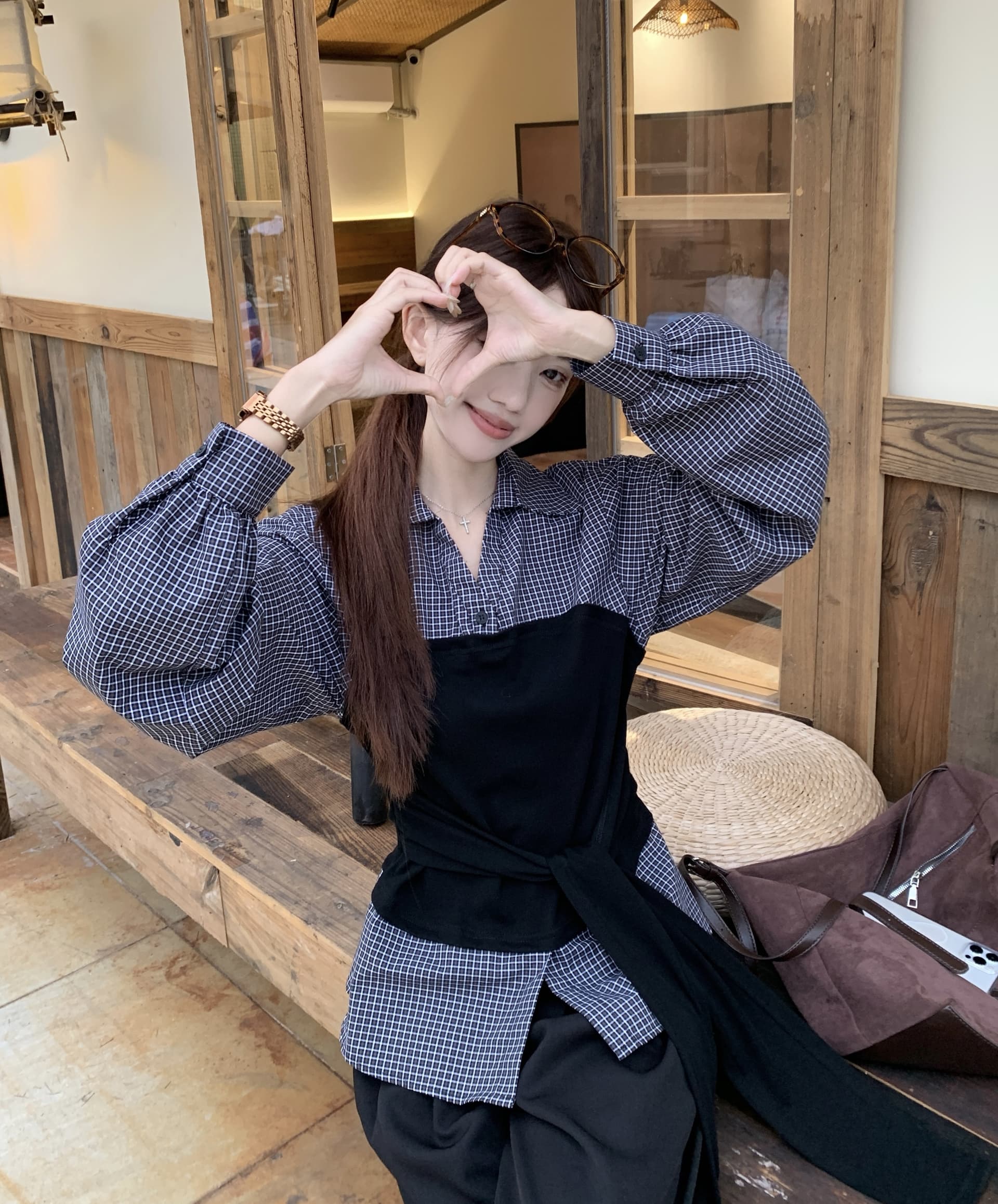 이른 가을 한 부서 패치워크 루즈핏 슬림해 보이는 세트 바지 페이크 레이어드 한국 스타일 패션 다용도 몸매 가꾸기 슬림해 보이는 긴팔 셔츠 이미지 2